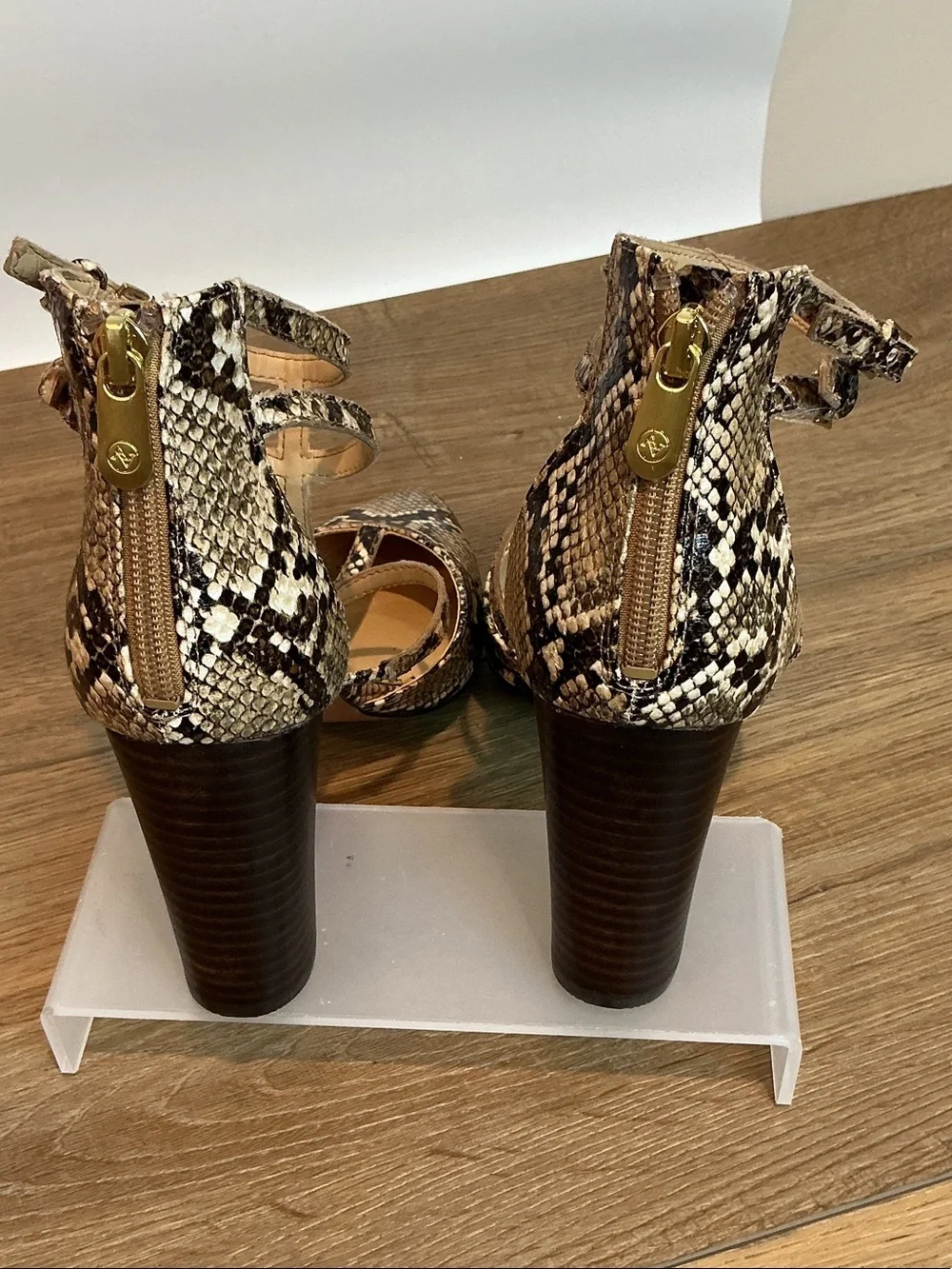 Adrienne Vittadini Snake-Print Strappy Pointed-Toe Heels, size 10M